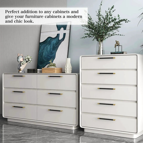 Modern dresser with Brushed Satin Gold Brass Finish T Bar Cabinet Handles Set of 10 With Electroplated Matte Black Accents installed
