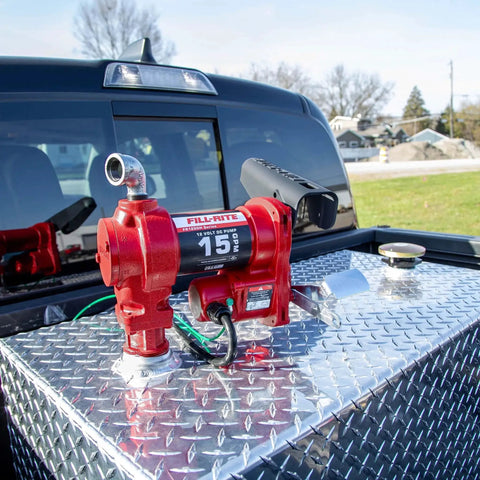 12V FR1204H Fuel Transfer Pump 15 GPM Pump Only Model Built Tough Cast Iron Construction mounted on vehicle