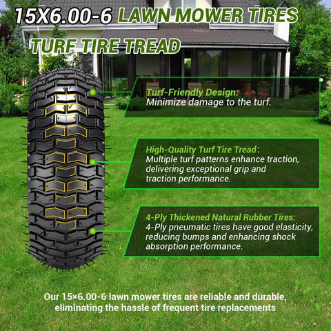 Image of 15x6.00-6 lawn mower tire with tread design, highlighting turf-friendly, high-quality, 4-ply rubber construction features.