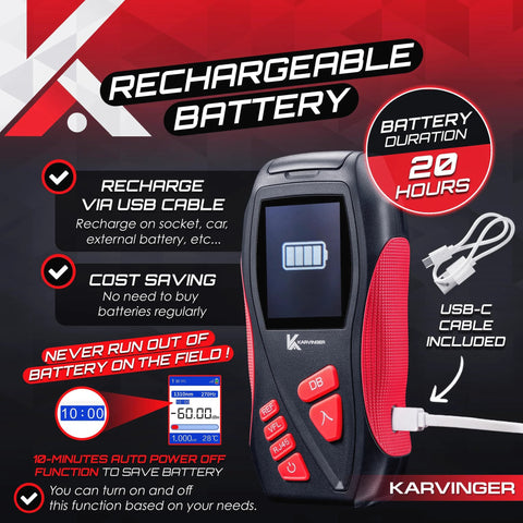 Karvinger Optical Power Meter 4-in-1 fiber tool with VFL, RJ45 tester; black handheld device with red grips and screen