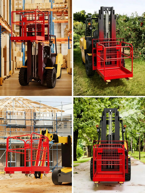 Foldable Forklift Safety Cage 1200Lbs 1-3 Person Capacity With Lockable Wheels attached to forklift in warehouse and outdoor settings