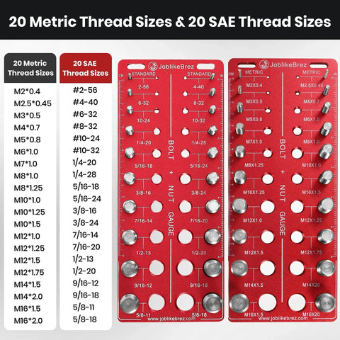 Pro DIY Bolt And Nut Thread Checker Kit With 40 Thread Gauges For 20 Standard And 20 Metric Sizes Wall Mountable Bolt Size Finder With Inch And Centimeter Ruler Go No Go ANSI Class 2B Precision That Eliminates Guesswork displayed on chart.