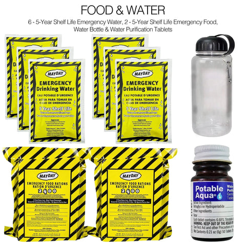 Food and water supplies from 72 Hour Deluxe Emergency Kit For Two People In A Go Bag With First Aid Gear, Survival Blanket, Power Station