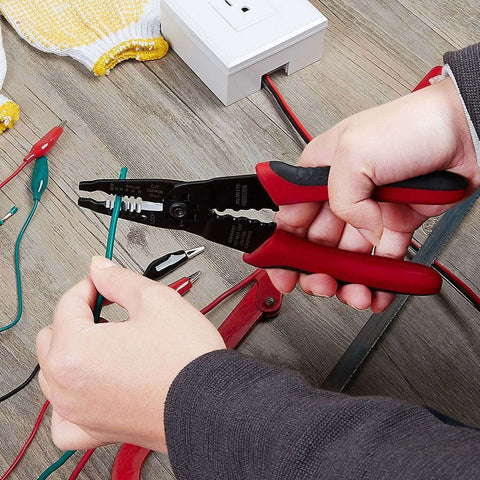 Person using 8 Inch Professional Wire Stripper and Crimping Tool for 10 to 22 AWG Solid Copper and Aluminum Cable, ergonomic design