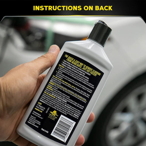 Back of bottle showing instructions for Plastic Clear Cleaner And Polish For Cars That Wipes Out Yellowing Cloudiness And Scratches Restores Headlight Clarity Meguiars PlastX G12310C.