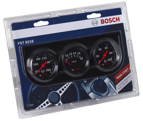 Bosch Style Line 2-inch triple gauge kit with black dial faces and black bezels in blister packaging