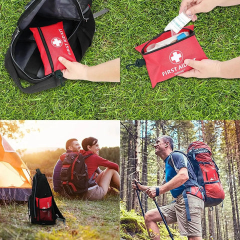 Compact 147 Piece First Aid Kit With Rotatable Buckle for cars, travel, camping, hiking, outdoor use, shown in various outdoor settings.