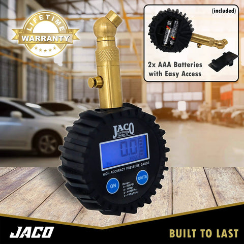 JACO Elite digital tire pressure gauge with black ridged body and brass inflator, blue LCD display, 0–200 PSI range