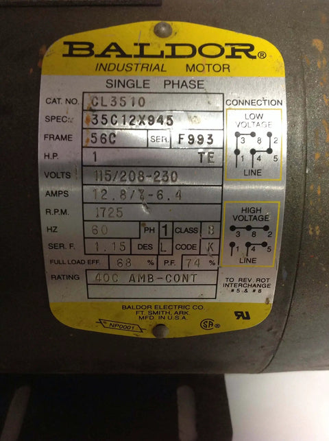 Label on General Purpose Single-Phase AC 1 HP Motor 1725 RPM TEFC 56C Frame 60Hz 115/230V showing specifications and wiring diagram