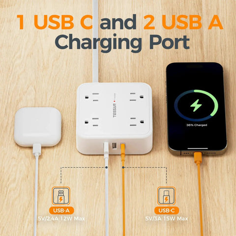Top view of Surge Protector Power Strip With 8 Outlets And 3 USB Ports Including USB C 5 Ft Flat Plug 1250W 900J Surge Protection in use with devices.