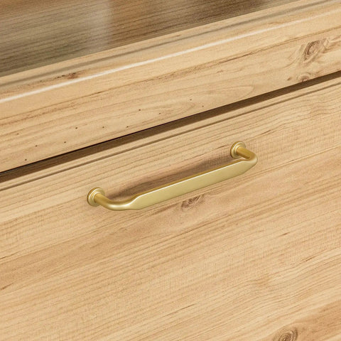 Brushed Brass Cabinet Pulls Seven And One Half Inch Ten Pack Zinc Alloy Solid Hardware for kitchen cabinets installed on wood drawer