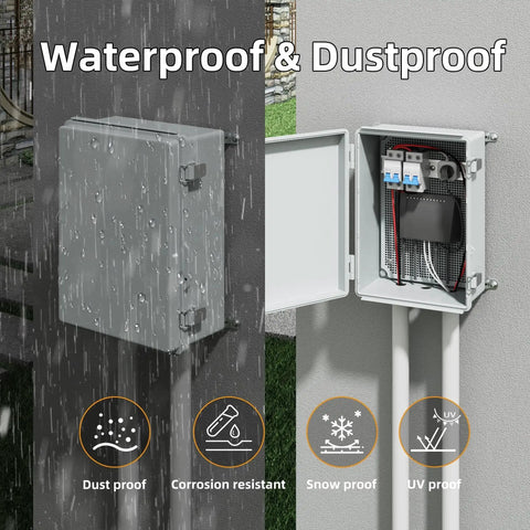Outdoor Waterproof Junction Box 14 By 10 By 6 Inch NEMA 4 Weatherproof ABS Plastic Enclosure in rain demonstrating protection features