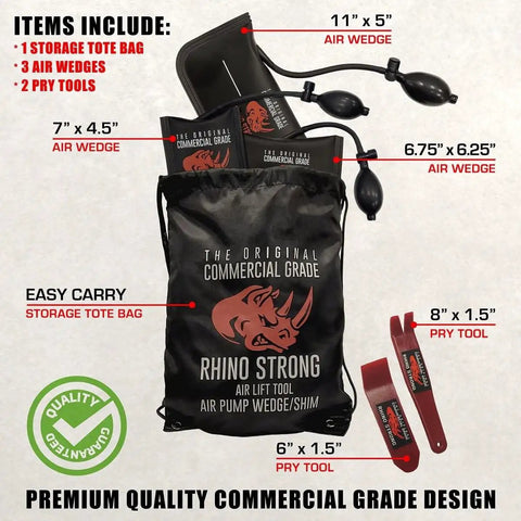 Air Wedge Bag Pump Set Pro Grade Leveling Kit With Non Marking Inflatable Shim Bags And Alignment Tool Three Piece Small Medium Large Includes Pry Tools And Easy Carry Tote For Windows Doors And Cabinets.