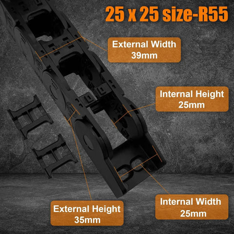 R55 Bridge Type Drag Chain Cable Carrier 25x25 mm size specifications, black PA66 nylon, for 3D printers and CNC setups.