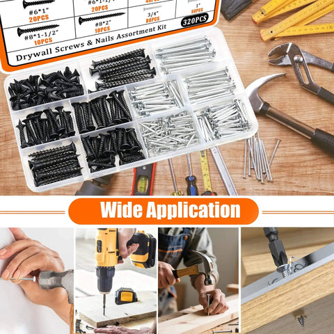 Nails And Wood Screws Kit With 320 Pieces Size Six And Size Eight Philips Drywall Screws Black Finish for Picture Hanging and DIY Repairs