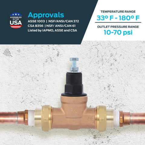 Brass EB45 pressure reducing valve with poly top and double union, 3/4 in NPT female on copper pipe, 60 psi