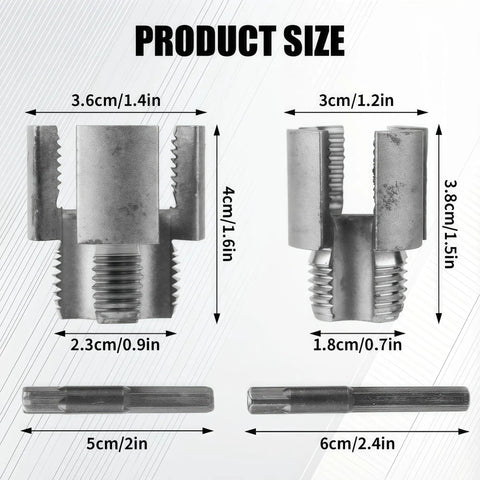 Dual Function Pipe Threading Tool For Half Inch And Three Quarter Inch Water Pipes With Integrated Internal And External Threading Heads Heavy Duty Steel Build And Easy One Pass Threading shown with measurements