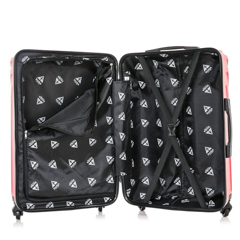 Open view of Lightweight 20 Inch Carry On Hardside Luggage With Spinner Wheels Durable Micro Diamond Finish Red Travel Case showing interior compartments