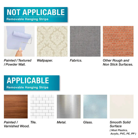 Usage guide showing surfaces applicable and not applicable for Clear Wall Hooks With Adhesive Strips 15 Hooks 30 Strips No Tools Damage Free.