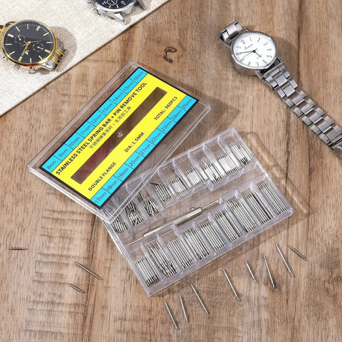 Stainless Steel Watch Band Pins Kit With Link Pin Remover Tool 360 Pcs shown with open box and various pin sizes on wooden surface.
