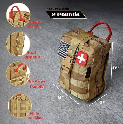Military Grade IFAK Trauma Kit MOLLE bag with handle hooks and dual zippers. Kit includes CAT Gen 7 Tourniquet Israeli Bandage.