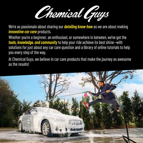 Person using a power washer on a white car covered in suds, with trees in the background, under a blue sky, showcasing car care.