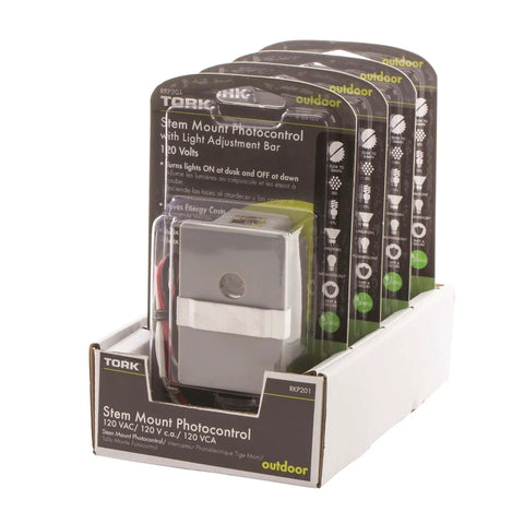 Outdoor 120V Stem Mount Photocontrol with Light Adjustment Bar in retail packaging, multiple units shown in a display box.