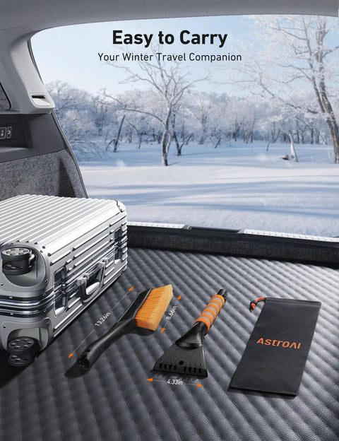 27 Inch Snow Brush With Detachable Ice Scraper And Ergonomic Foam Grip For Cars Trucks And SUVs Heavy Duty ABS PVC Bristle Brush Orange on mat in car trunk.