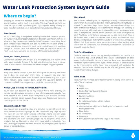 Water Leak Protection System Buyer's Guide informational text with steps and considerations for selecting a system.
