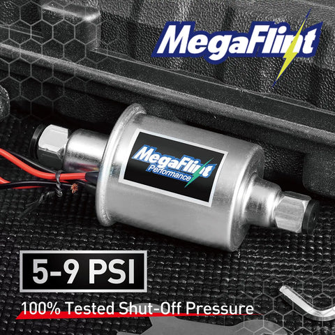 Inline 12V Universal Electric Fuel Pump Low Pressure Five To Nine PSI For Gas And Diesel, Delivers Thirty GPH, shown in packaging