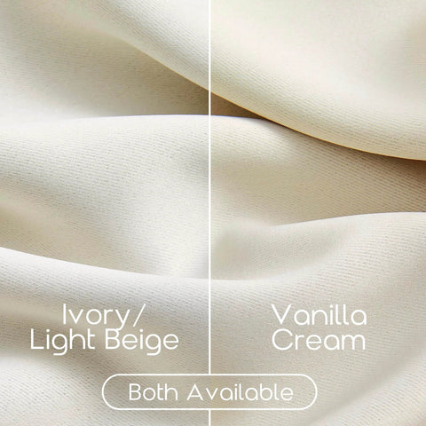 Ivory/Light Beige and Vanilla Cream fabric textures for 102 Inch Track Curtain Set With Ceiling Mount, Two Panels, Beige Blackout Drapes.
