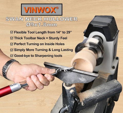 Carbide Wood Lathe Tool Set for Pen Turning with Swan Neck Hollower Rougher Finisher and Detailer Aluminum Handles 14 To 29 Inches Fine Polished Stainless Shank Rotatable Tips No Sharpening Needed From VINWOX in use on wood lathe.