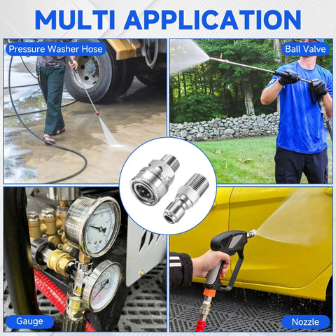 Stainless Steel Three Eighths Inch Pressure Washer Quick Connect Kit With 12 Adapters, Male NPT Threads, shown with applications