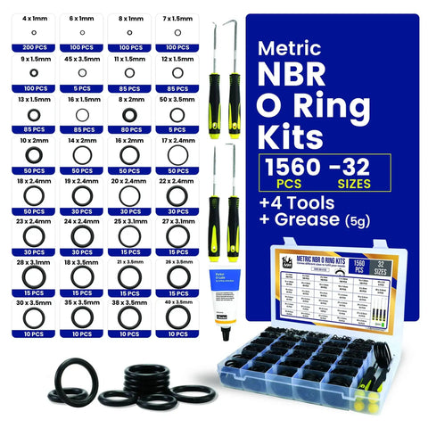 Ultimate O Ring Kit With 1560 Pcs Across 32 Sizes Nitrile Rubber Assortment Plus 4 Hook Set And Grease Tube for seals.