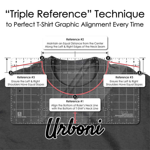 Five Sizes Tee Ruler Guide for Vinyl Alignment and Center Placement with grid lines on a t-shirt for precise logo positioning.