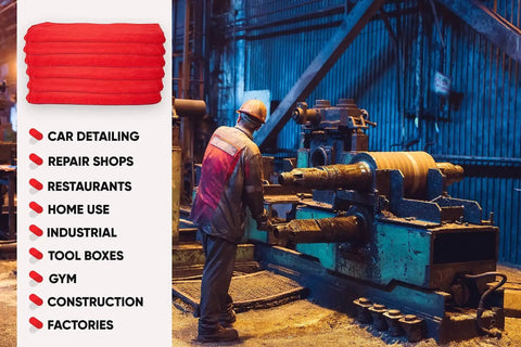 Red Cotton Shop Towels 100 Percent Cotton Multipurpose Mechanic Garage Rags Highly Absorbent Auto Detailing Cloths 12x14 Inches Pack Of 25 beside industrial worker and machine in factory setting