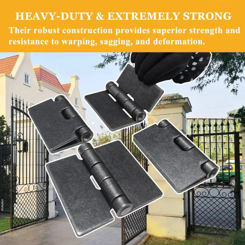 Beefy Heavy Duty Weld On Gate Hinges For Barn Doors And Heavy Gates, 4-1/2 X 4-1/4 Inches, 3/16 Inch Steel, 4-pack shown with gate