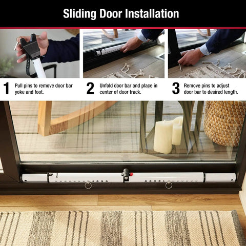 Sliding Door Stopper And Dual Function Security Bar For Hinged And Sliding Doors, Adjustable From Twenty Five And A Half Inches To Forty Three And A Half Inches, Indoor Use, Folding Design For Compact Storage And Travel, White, shown being installed on a sliding door by adjusting pins.