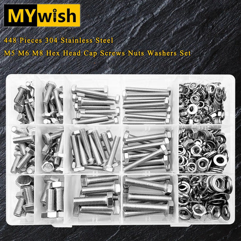 Pro Grade 448 Piece M5 M6 M8 Screw Set With Hex Head Bolts Nuts And Washers In 304 Stainless Steel Fully Threaded