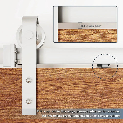 Two Pack Stainless Steel Barn Door Soft Close Mechanism For Flat Track With Adjustable Weight Up To 160 Pounds Universal Compatibility Hole Free Installation Or Drilled Track Optional Effortless Smooth Opening And Closing Silver, installed view on wood door.