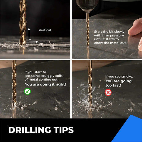 Four images showing drilling tips for using a Three Eighths Inch Cobalt Drill Bit Set Amoolo Five Pieces M35 High Speed Steel Drill Bits on metal surfaces.