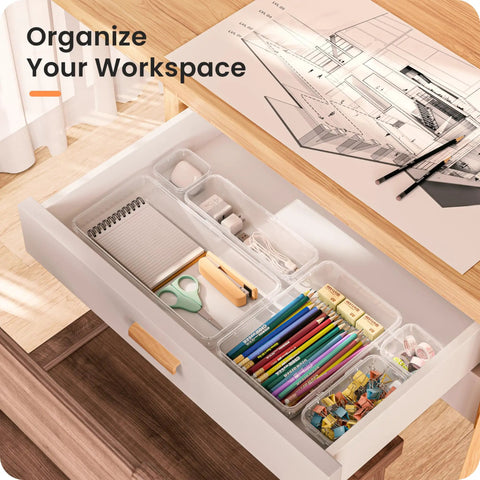Clear Makeup Drawer Organizer Set Holds 177 Items In Five Sizes For Bathroom Vanity Office Desk Drawer Storage Plastic Divider Bins modular transparent plastic drawers organized in a desk drawer with supplies.