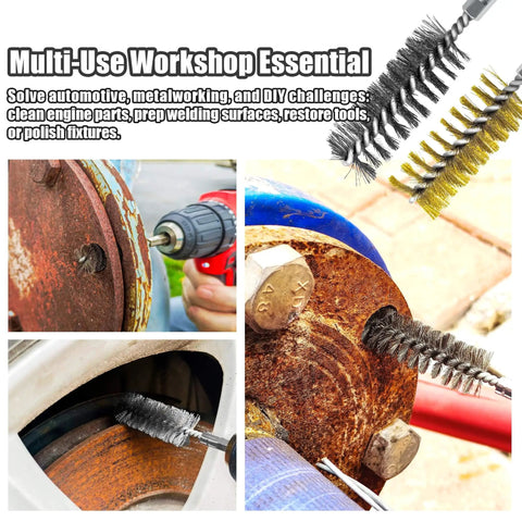 Pro Grade 14 Piece Bore Brush Set With Dual Material Stainless Steel And Brass Brushes in use for cleaning metal surfaces