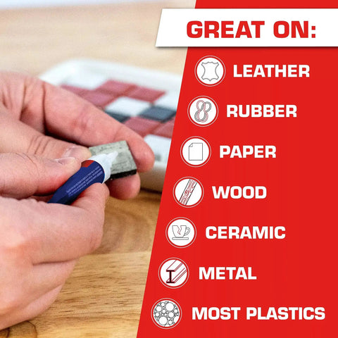 Hand using Clear Quick Dry Super Glue For Plastic Wood Metal 2 Pack Precise Piercing Tube on a surface with materials list