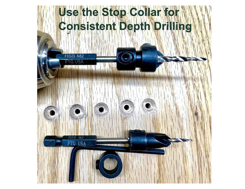 Adjustable Wood Countersink Drill Bit Set with depth stop collars shown in use on wood surface, FTG USA, 5 Piece, Sizes 4, 6, 8, 10, 12