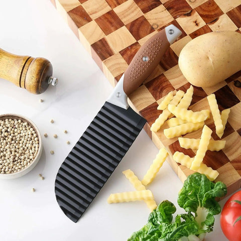 Crinkle Cutter Wave For Veggies And Fries With Stainless Steel Blade And Rubber Handle Dishwasher Safe Brown Perfect For French Fries Cucumbers Carrots Potatoes And More OLULU