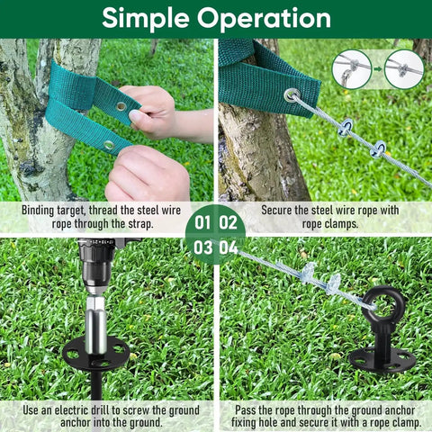 Step-by-step installation of 18 Inch Ground Anchors Screw In Heavy Duty Shed Anchor Kit with straps and cable for securing trees.