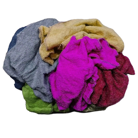 Premium Color Terry Cloth Rags 25 Lb Bulk Bag Super Absorbent Cotton Cleaning Rags in assorted colors stacked together