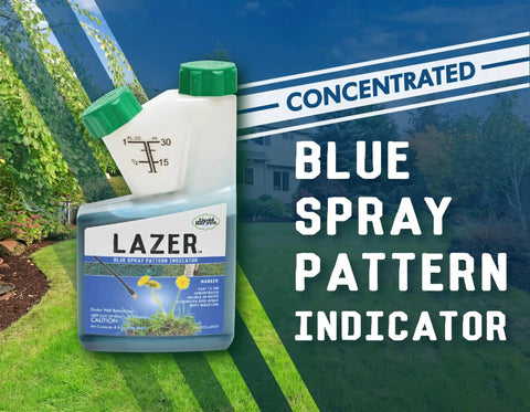 Lazer Blue Spray Pattern Indicator bottle in garden setting for Pro Grade Precise Turf Marking and Weed Dye 8 ounces.