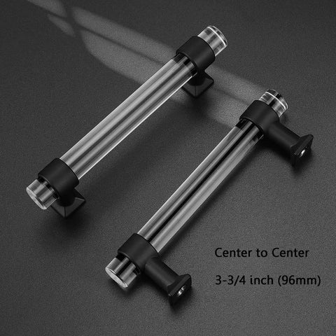 Crystal Clear T Bar Cabinet Pulls 5 Pack For Kitchen And Furniture, 3.8 Inch Hole Centers, 5 Inch Tube Length, 1.4 Inch Height, Black Matte Zinc Alloy Base With Acrylic Tubes, Modern Minimalist Hardware, Includes M4 Screws
